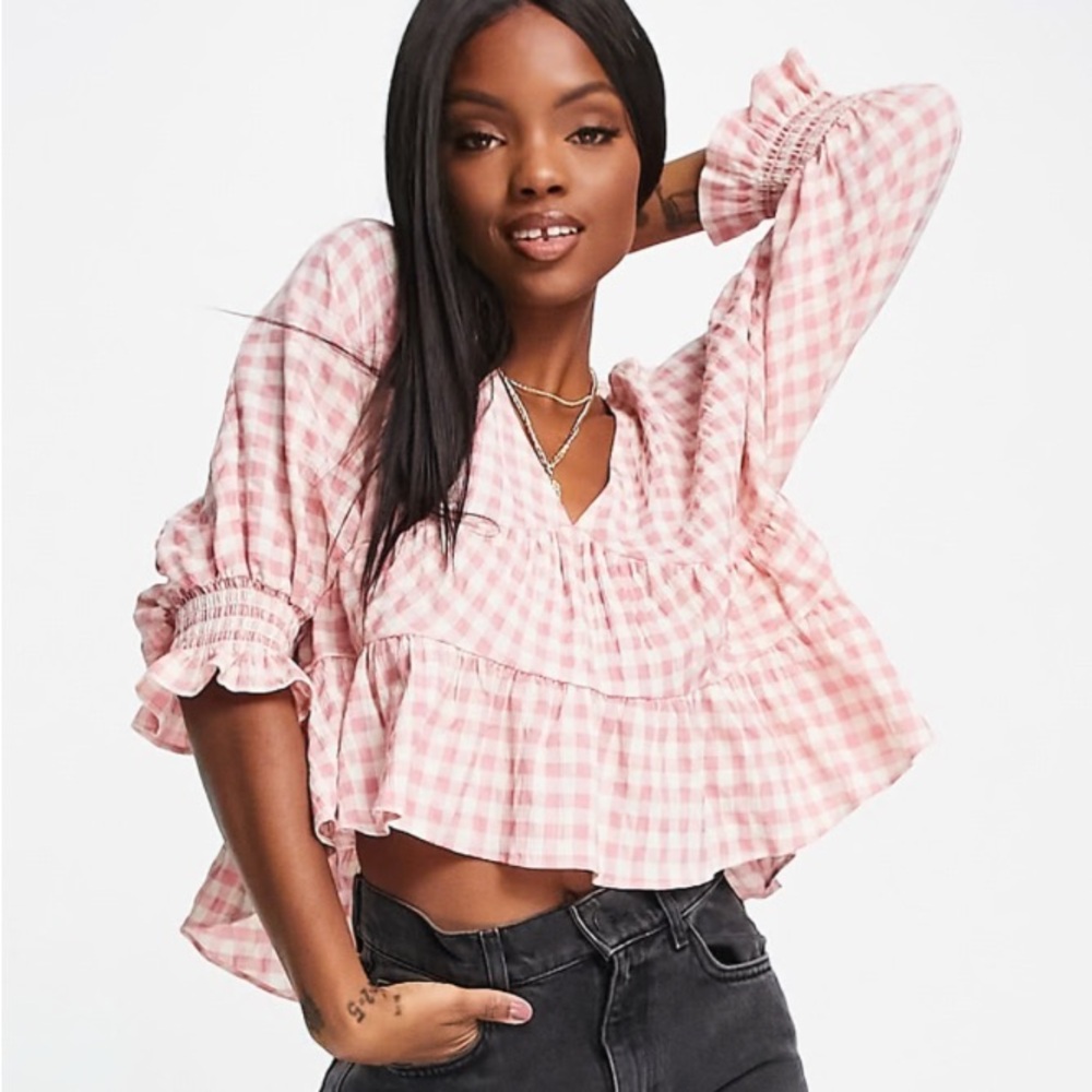 ASOS Pink Checkered Ruffle Blouse